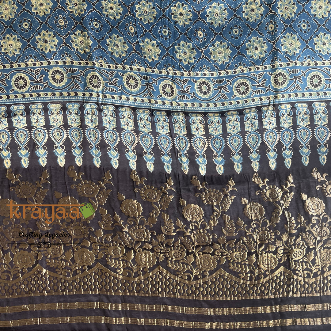 Hand block printed Ajrakh on Modal Silk Saree