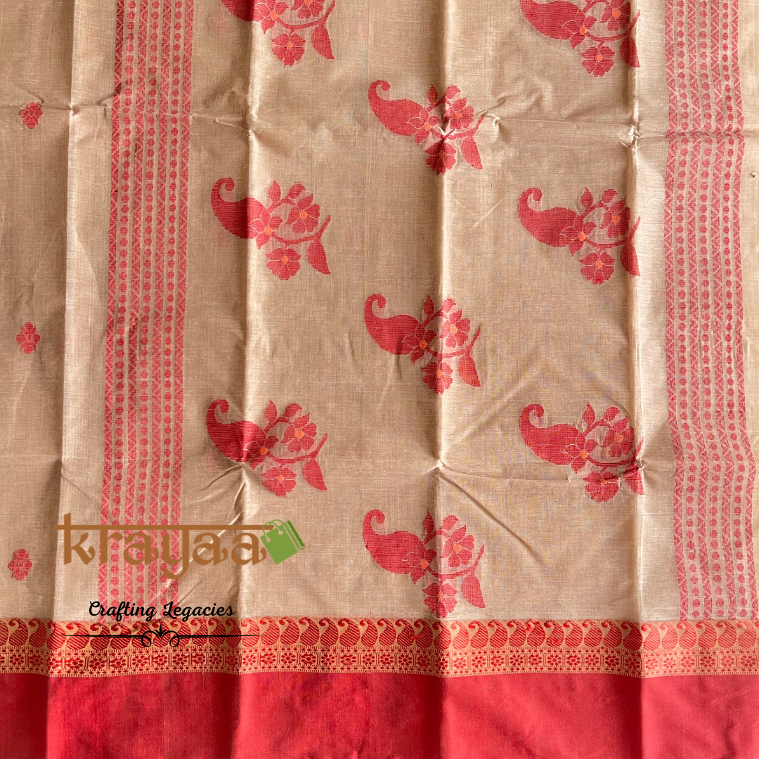 Beige And Brick Red - Hand woven - Bengal Cotton Saree