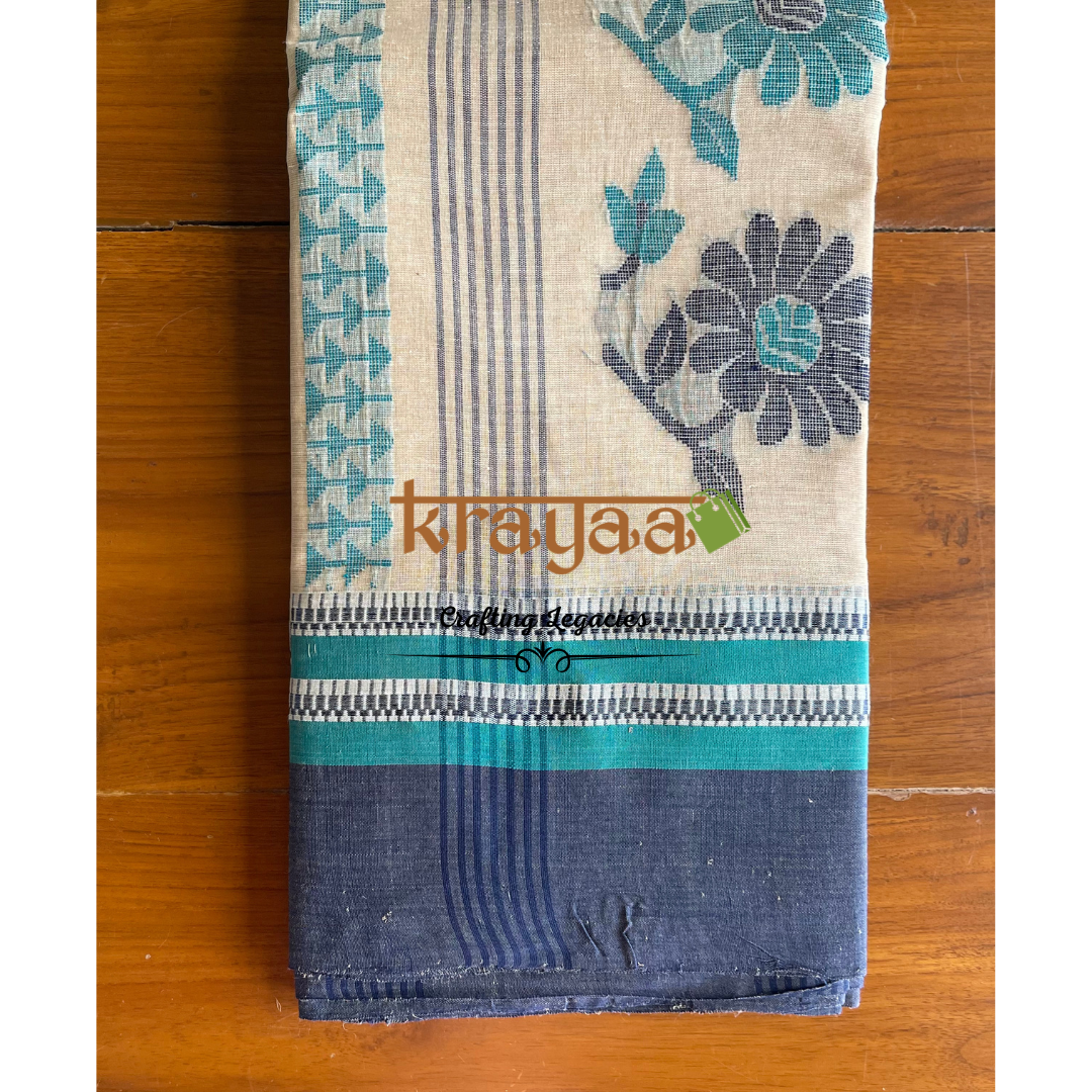 Beige with Blue- Hand woven - Bengal Cotton Saree