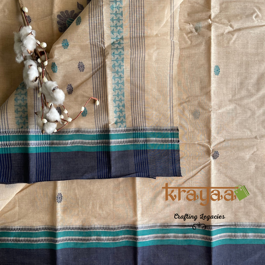 Beige with Blue- Hand woven - Bengal Cotton Saree