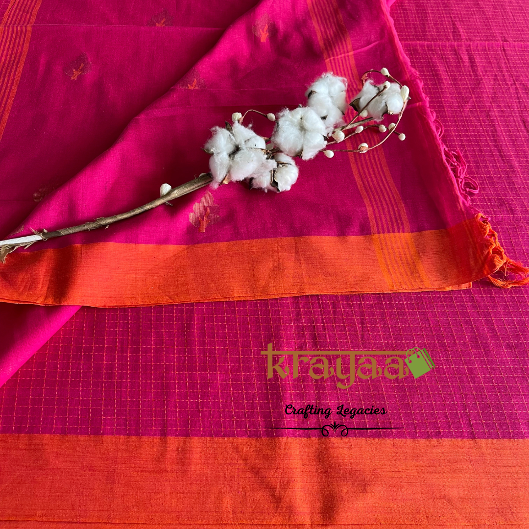 Pink With Orange Border - Hand woven - Bengal Cotton Saree