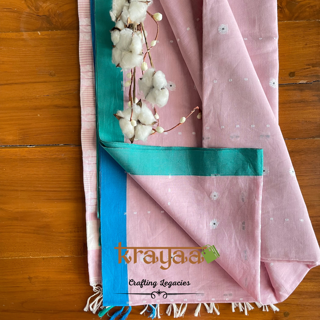 Baby pink - Jamdani butas- Ganga Jamuna border - Hand woven - Bengal Cotton Saree