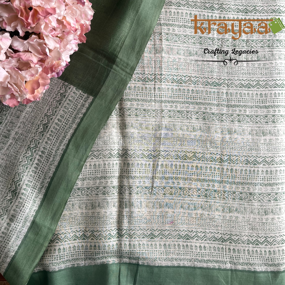 Offwhite and Green - Hand woven - Soft Mulberry Silk  Saree