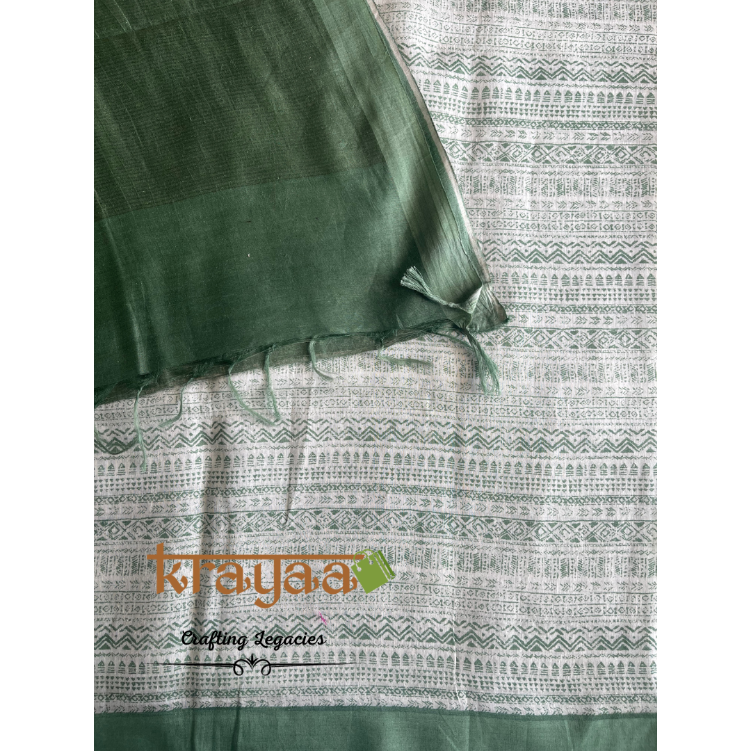 Offwhite and Green - Hand woven - Soft Mulberry Silk  Saree