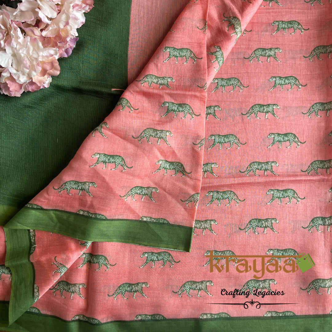 Peachish Pink and Green - Hand woven - Soft Mulberry Silk  Saree