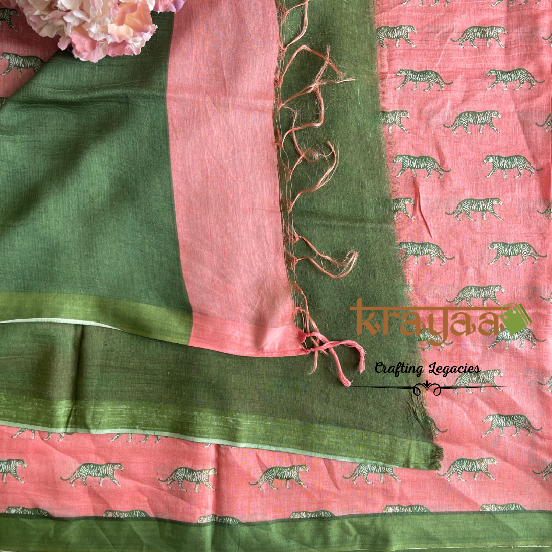 Peachish Pink and Green - Hand woven - Soft Mulberry Silk  Saree