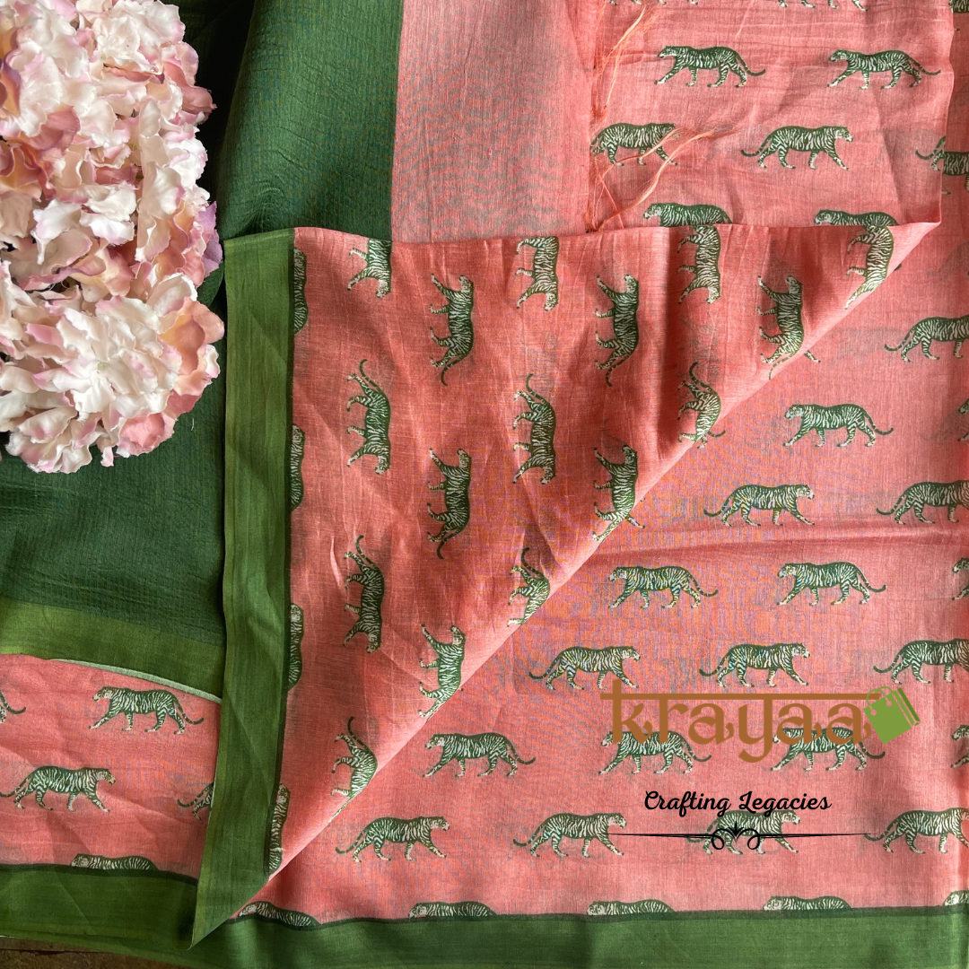 Peachish Pink and Green - Hand woven - Soft Mulberry Silk  Saree