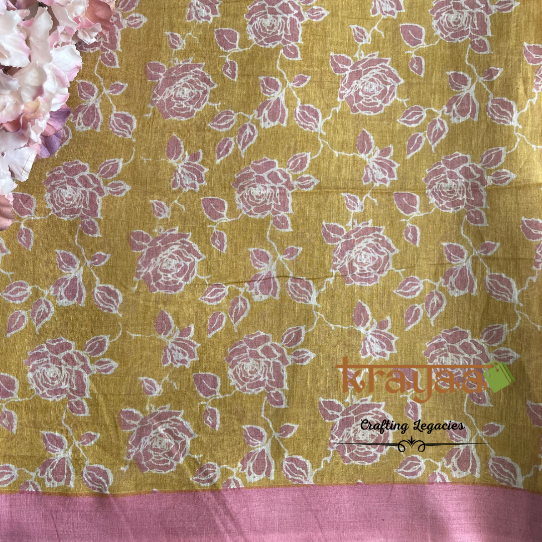 Mustard Yellow with  Pink - Hand woven - Soft Mulberry Silk  Saree