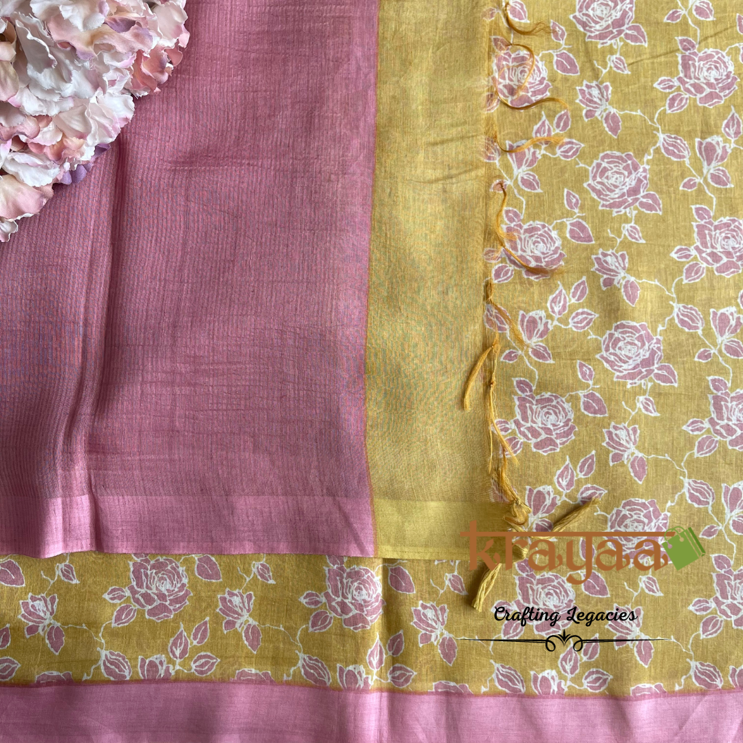 Mustard Yellow with  Pink - Hand woven - Soft Mulberry Silk  Saree