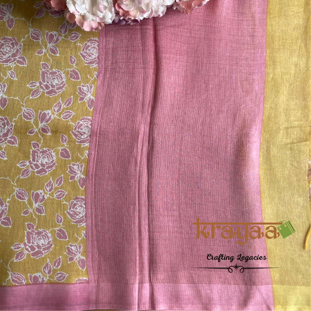 Mustard Yellow with  Pink - Hand woven - Soft Mulberry Silk  Saree