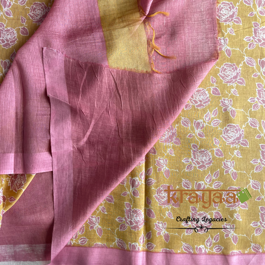 Mustard Yellow with  Pink - Hand woven - Soft Mulberry Silk  Saree