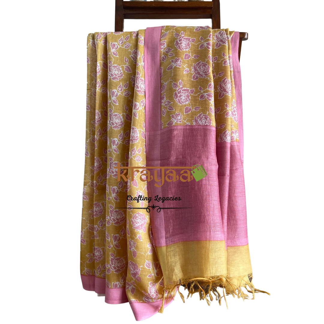 Mustard Yellow with  Pink - Hand woven - Soft Mulberry Silk  Saree