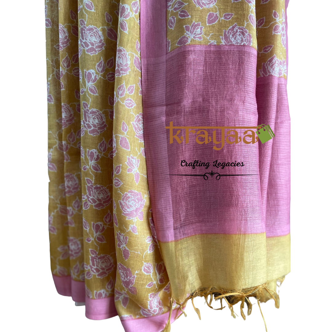 Mustard Yellow with  Pink - Hand woven - Soft Mulberry Silk  Saree