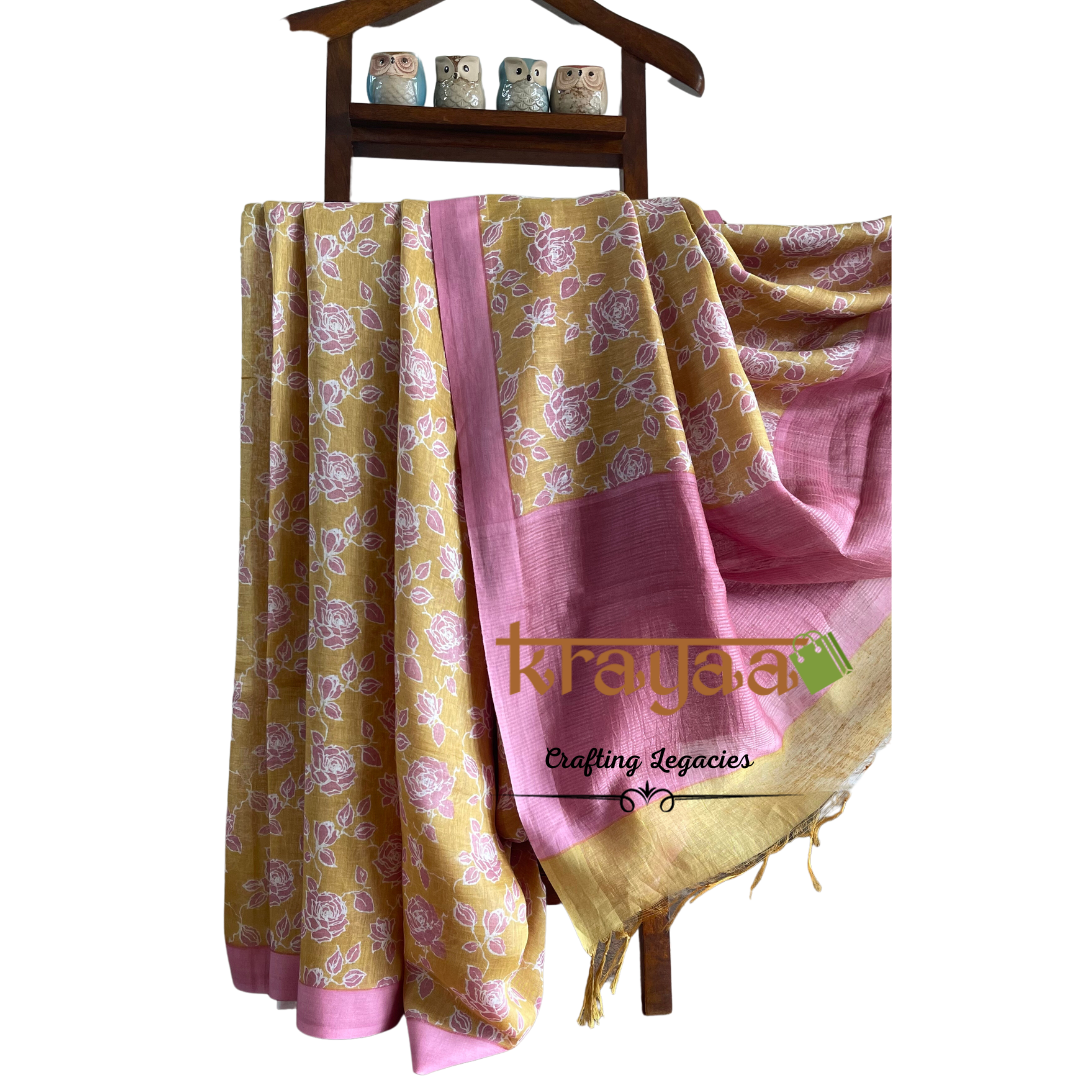 Mustard Yellow with  Pink - Hand woven - Soft Mulberry Silk  Saree