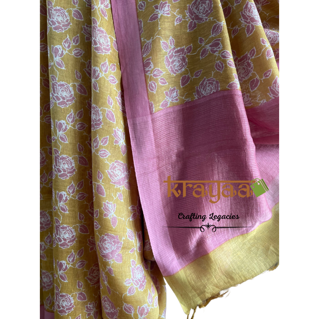 Mustard Yellow with  Pink - Hand woven - Soft Mulberry Silk  Saree