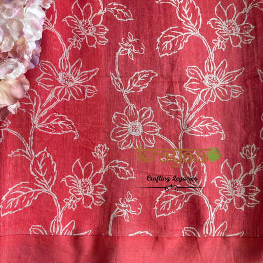 Orangish Red  - Hand woven - Soft Mulberry Silk  Saree