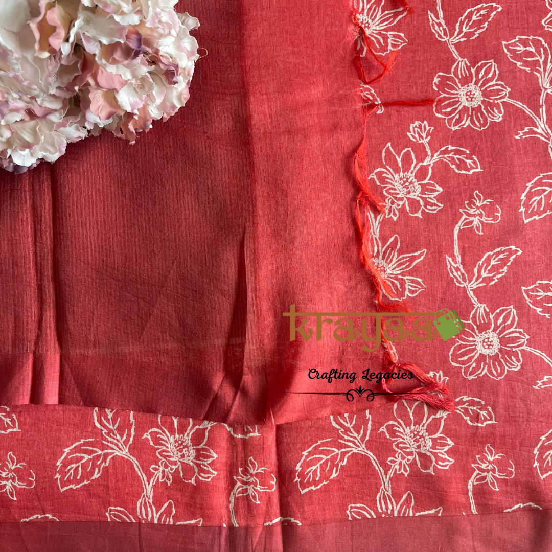 Orangish Red  - Hand woven - Soft Mulberry Silk  Saree