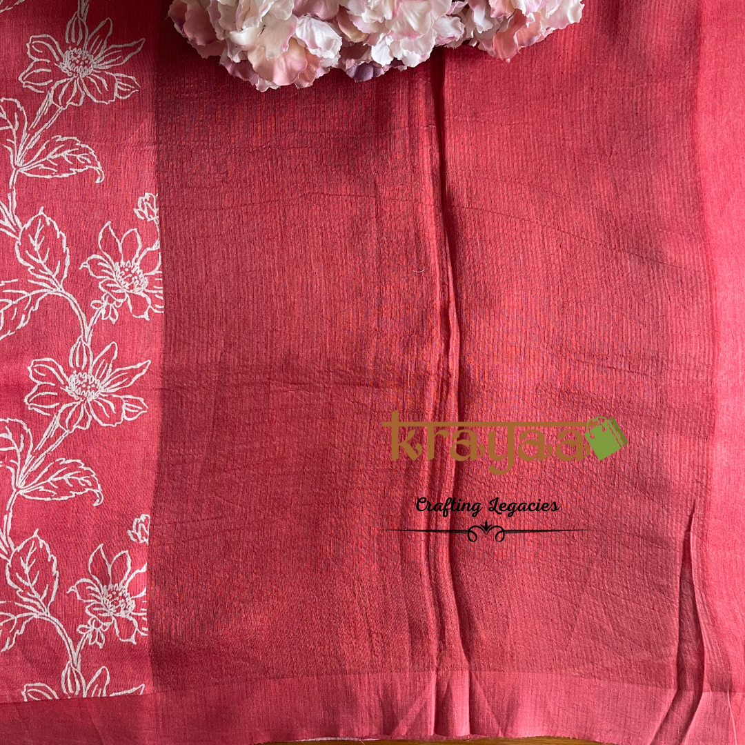 Orangish Red  - Hand woven - Soft Mulberry Silk  Saree