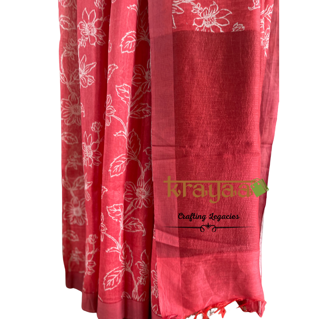 Orangish Red  - Hand woven - Soft Mulberry Silk  Saree