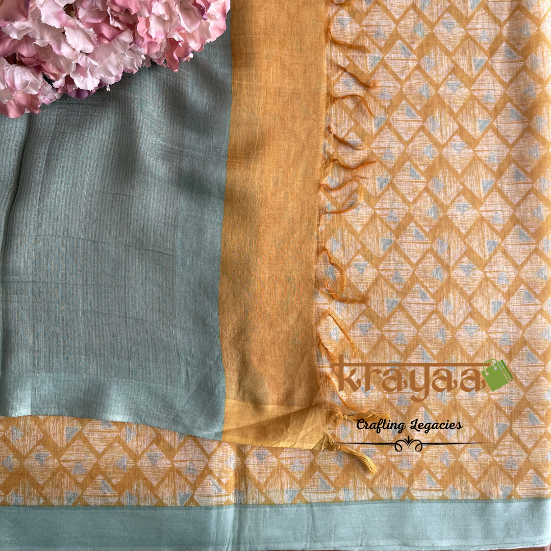 Mustard Yellow with  Blue - Hand woven - Soft Mulberry Silk  Saree