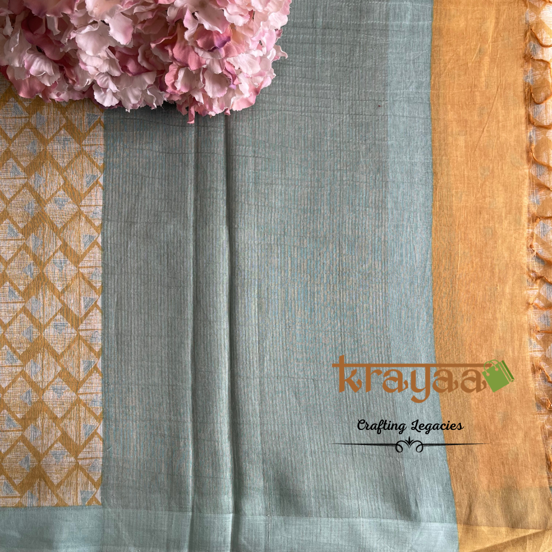 Mustard Yellow with  Blue - Hand woven - Soft Mulberry Silk  Saree