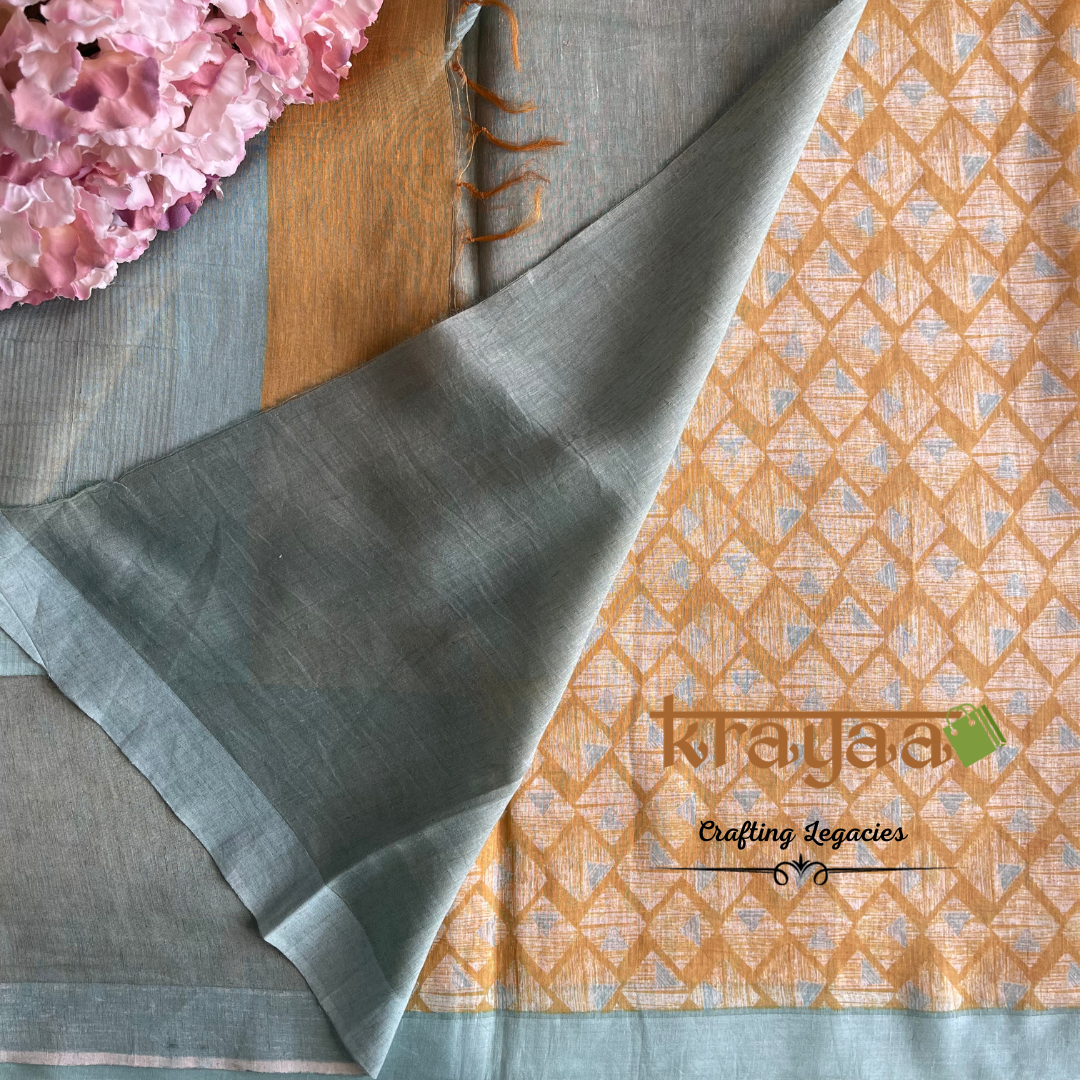 Mustard Yellow with  Blue - Hand woven - Soft Mulberry Silk  Saree