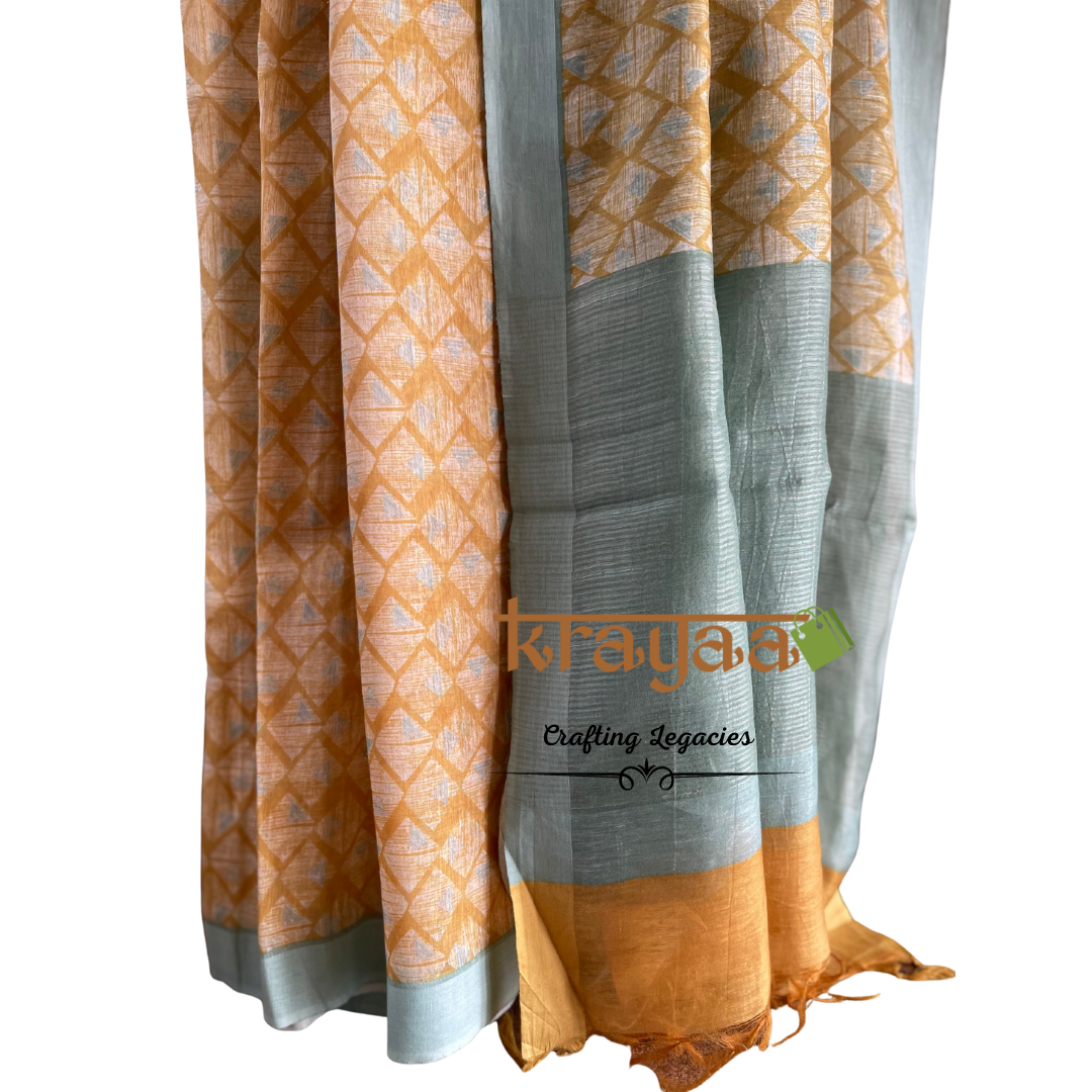 Mustard Yellow with  Blue - Hand woven - Soft Mulberry Silk  Saree