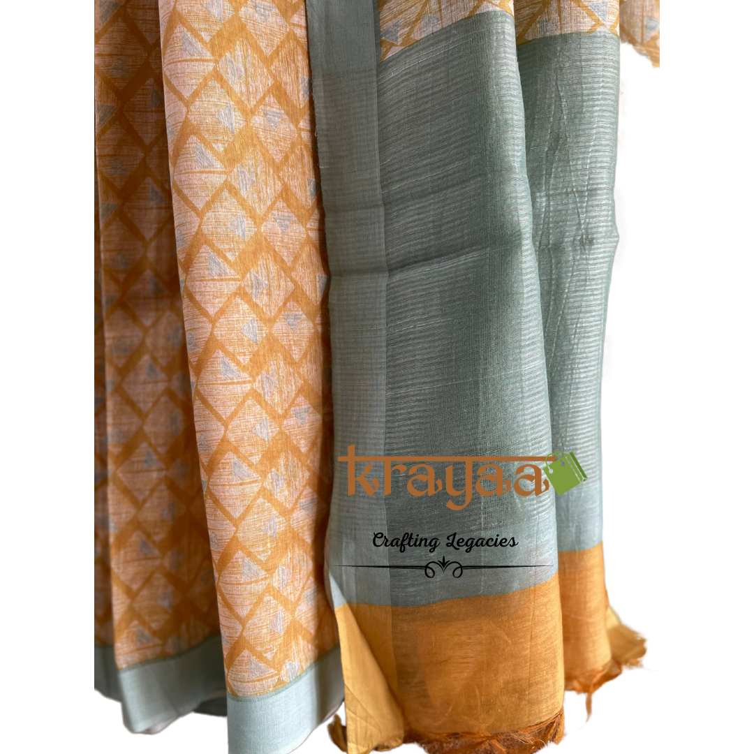 Mustard Yellow with  Blue - Hand woven - Soft Mulberry Silk  Saree