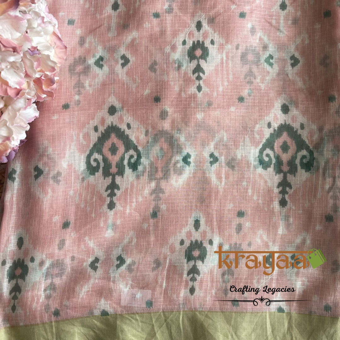 Baby Pink  with  Moss Green - Hand woven - Soft Mulberry Silk  Saree