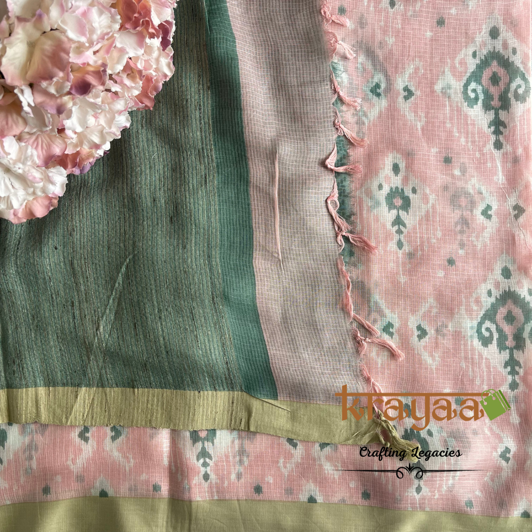 Baby Pink  with  Moss Green - Hand woven - Soft Mulberry Silk  Saree