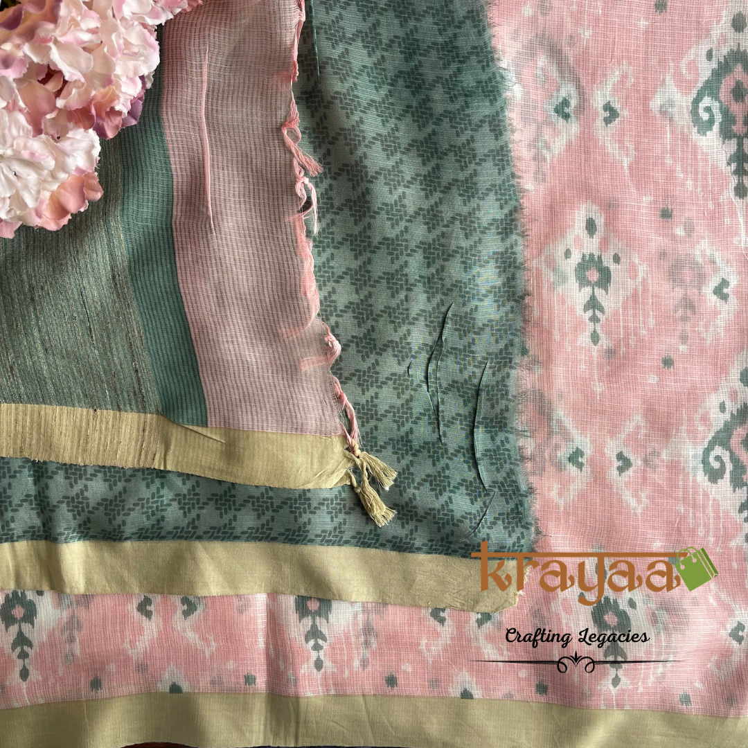 Baby Pink  with  Moss Green - Hand woven - Soft Mulberry Silk  Saree