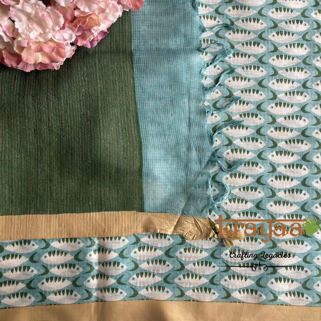 Blue and  Green - Hand woven - Soft Mulberry Silk  Saree