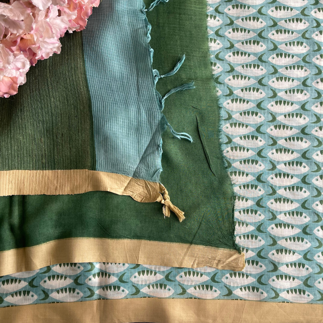 Blue and  Green - Hand woven - Soft Mulberry Silk  Saree