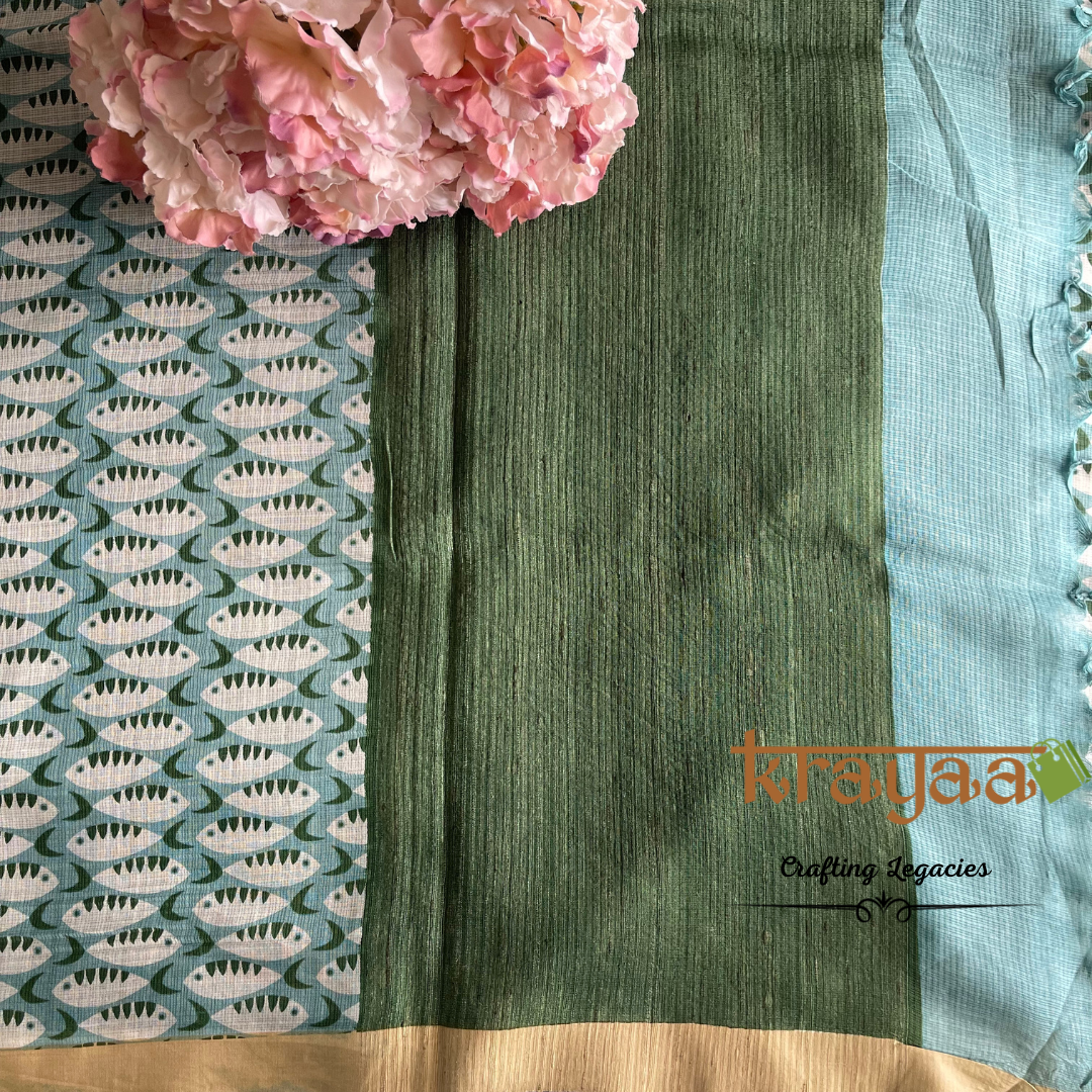 Blue and  Green - Hand woven - Soft Mulberry Silk  Saree