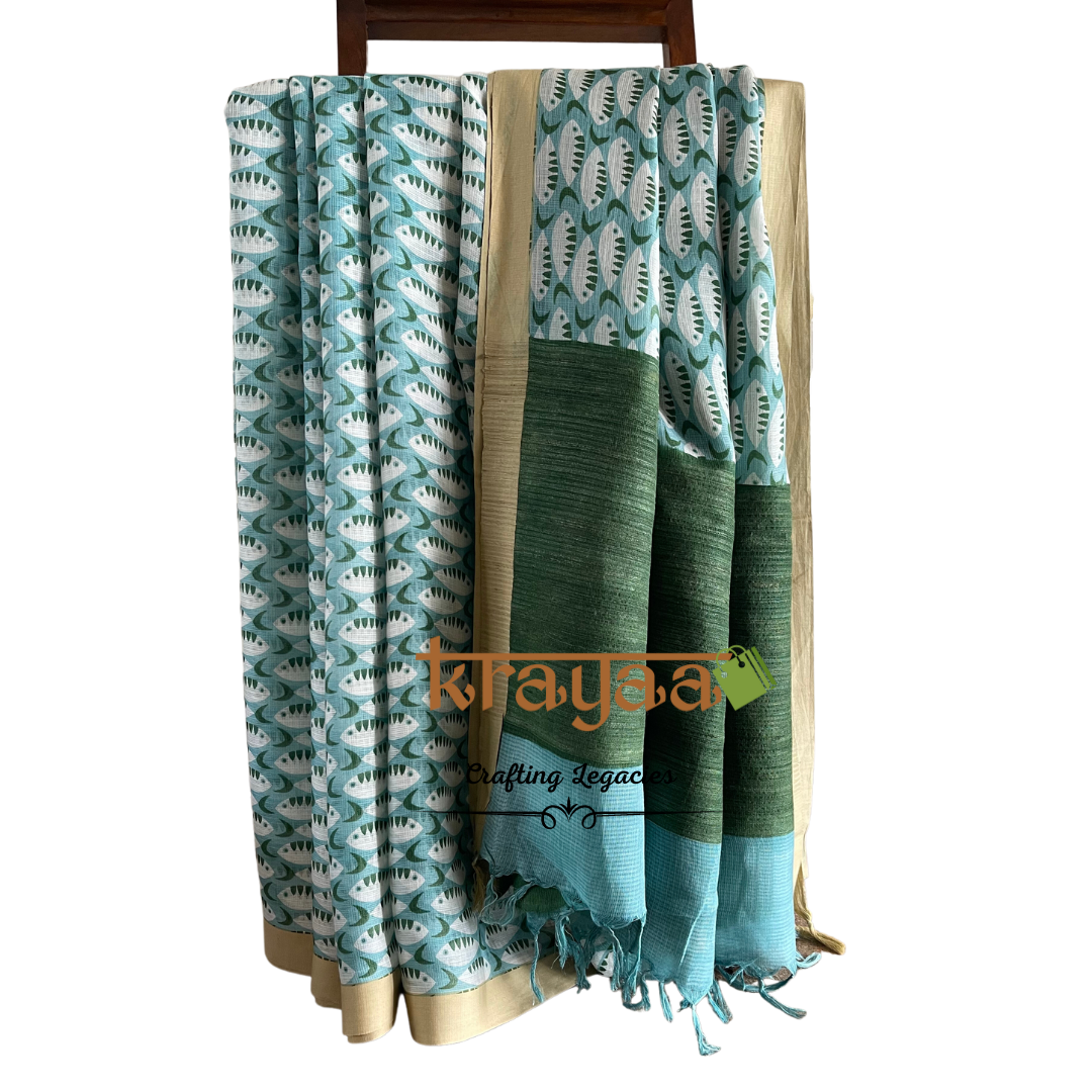 Blue and  Green - Hand woven - Soft Mulberry Silk  Saree