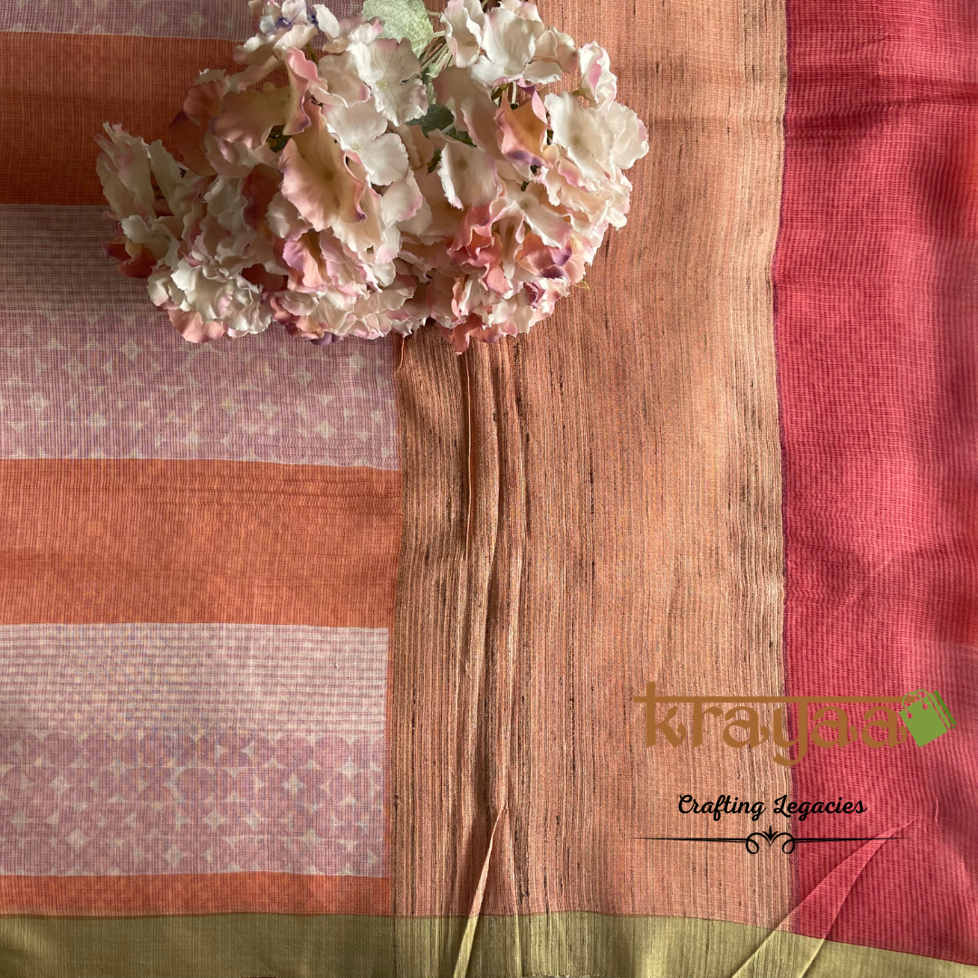 Peaches and Pinks - Hand woven - Soft Mulberry Silk  Saree