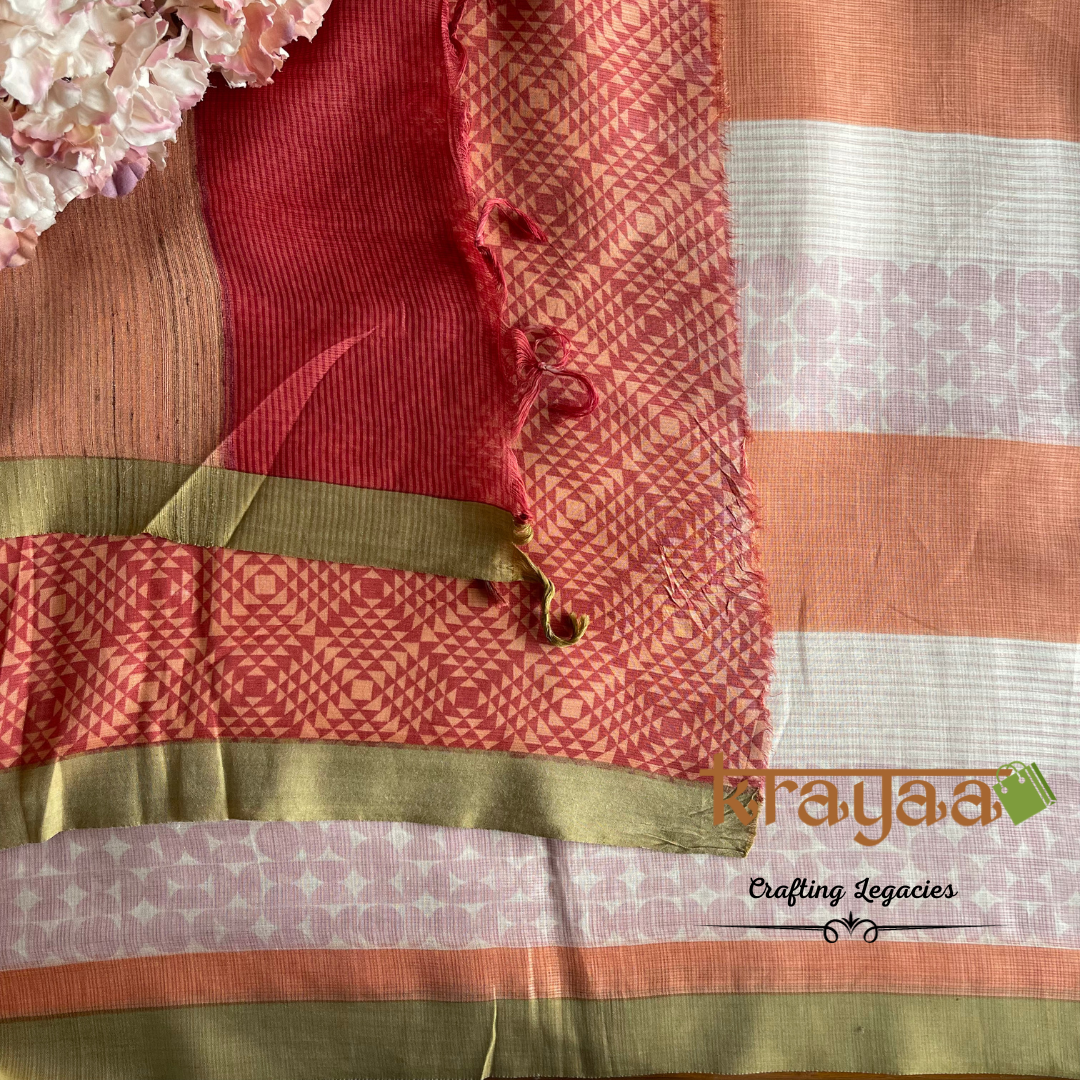 Peaches and Pinks - Hand woven - Soft Mulberry Silk  Saree