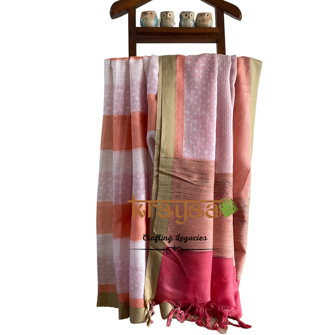 Peaches and Pinks - Hand woven - Soft Mulberry Silk  Saree