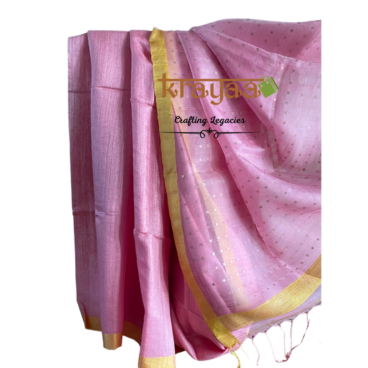 Pink - Matka Silk Saree With Muslin Pallu